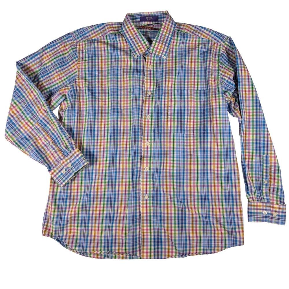 Alan Flusser Mens XL Long Sleeve Plaid Button Down Shirt Multicolor Cotton